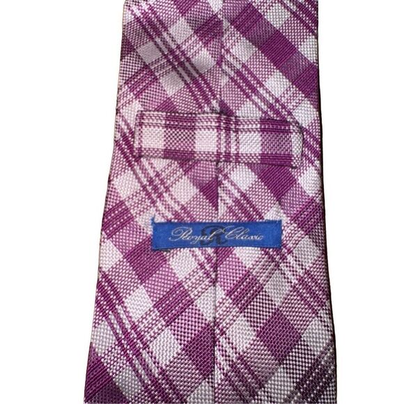 Tom James Royal Classic Purple & White Check 100% Silk Tie - Picture 2 of 6